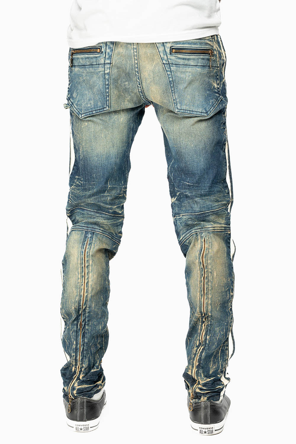 MENS BIKER JEANS IN BLUE 4D DARK WASH WITH WHITE STRIPES