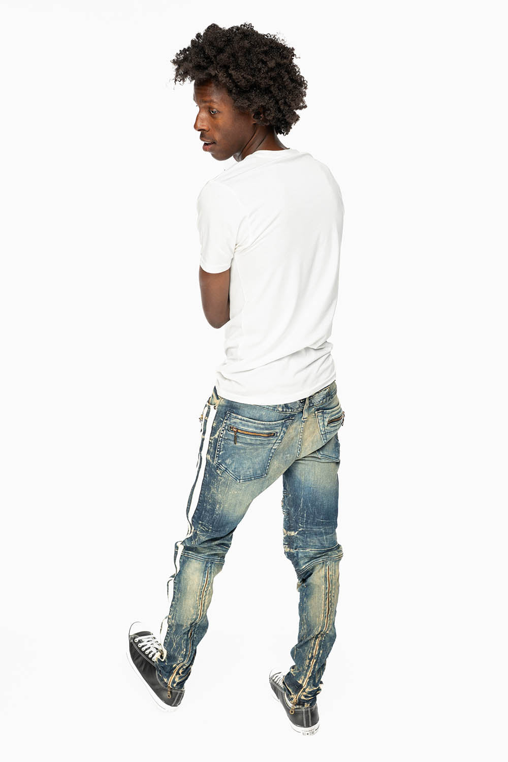 MENS BIKER JEANS IN BLUE 4D DARK WASH WITH WHITE STRIPES