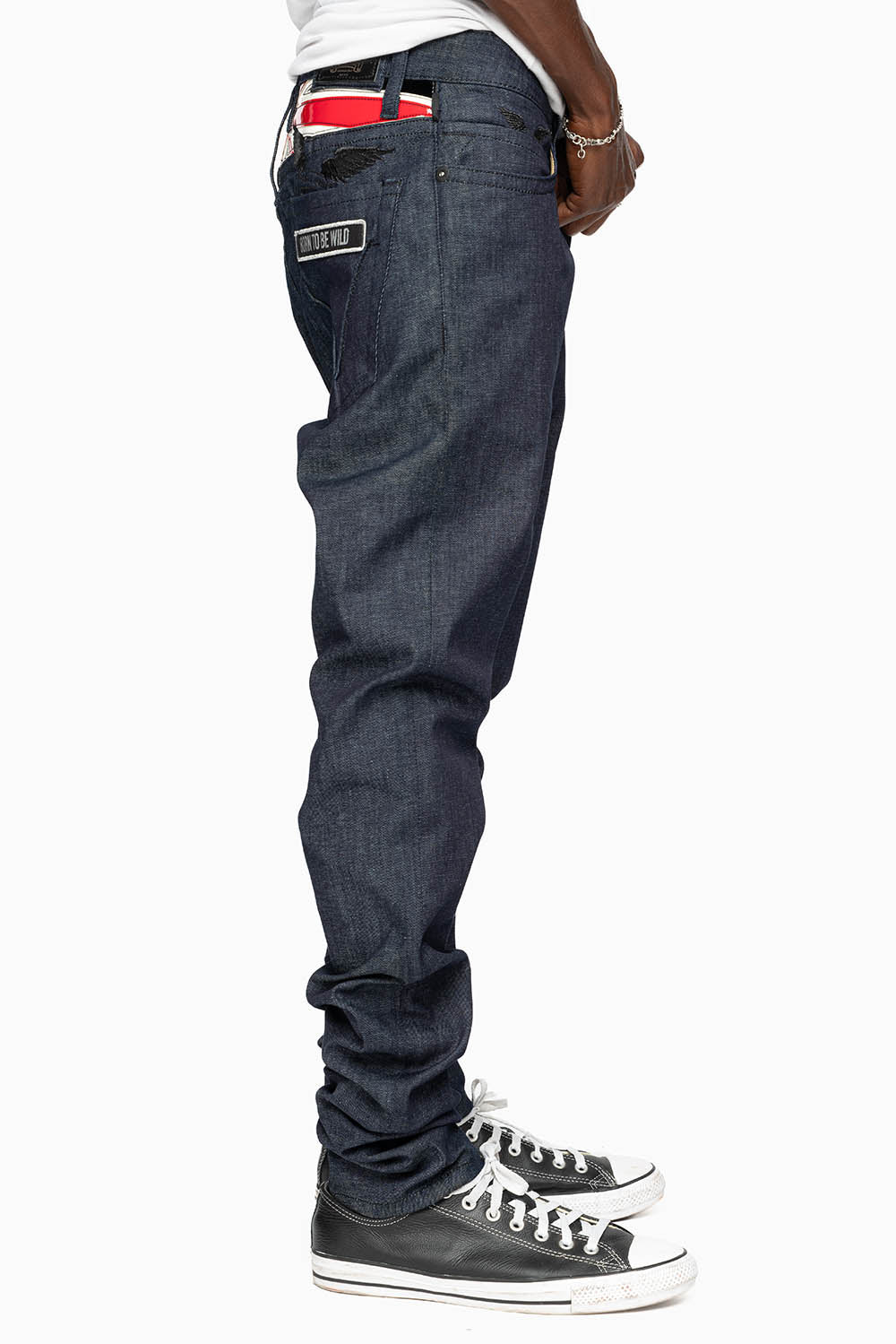 ROBIN’S BRITISH ROCK SLIM JEANS IN RAW DENIM EMBROIDERED ROBIN”S WING LOGO WITH ZIPPERS