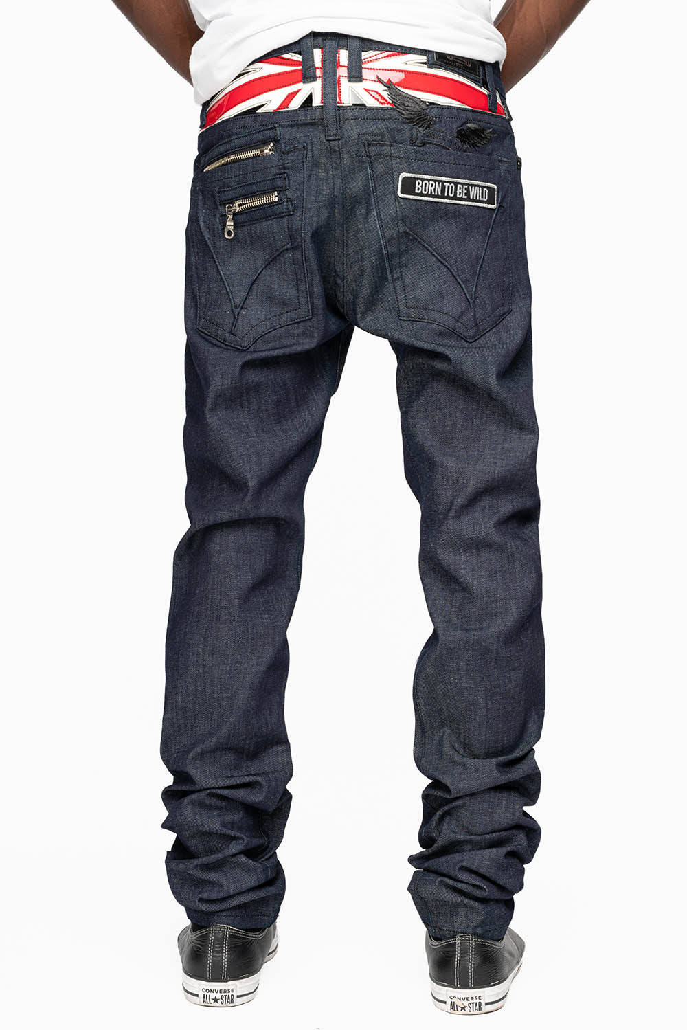 ROBIN’S BRITISH ROCK SLIM JEANS IN RAW DENIM EMBROIDERED ROBIN”S WING LOGO WITH ZIPPERS