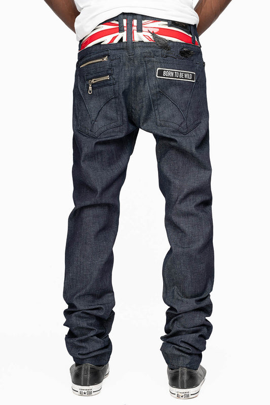 ROBIN’S BRITISH ROCK SLIM JEANS IN RAW DENIM EMBROIDERED ROBIN”S WING LOGO WITH ZIPPERS