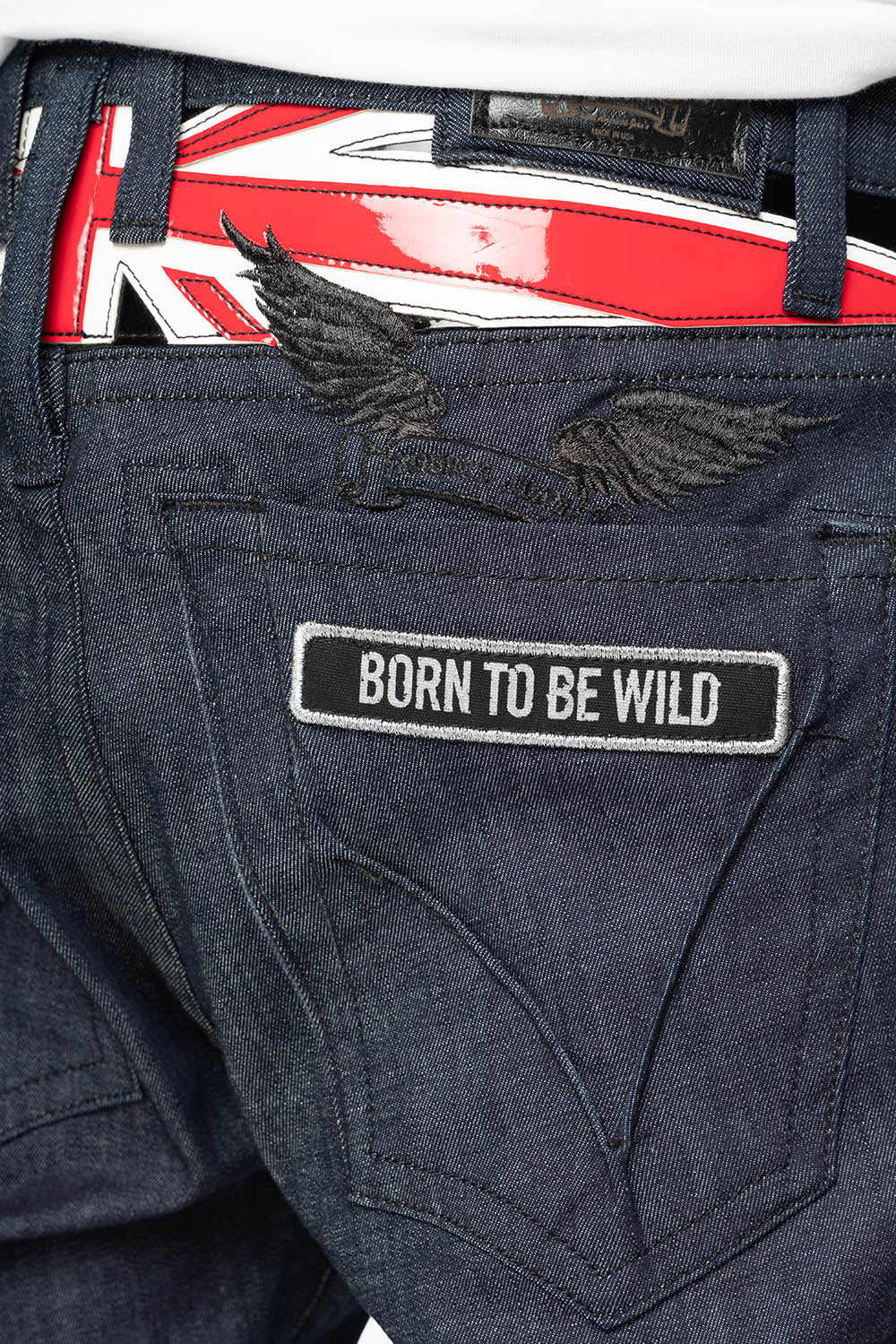 ROBIN’S BRITISH ROCK SLIM JEANS IN RAW DENIM EMBROIDERED ROBIN”S WING LOGO WITH ZIPPERS