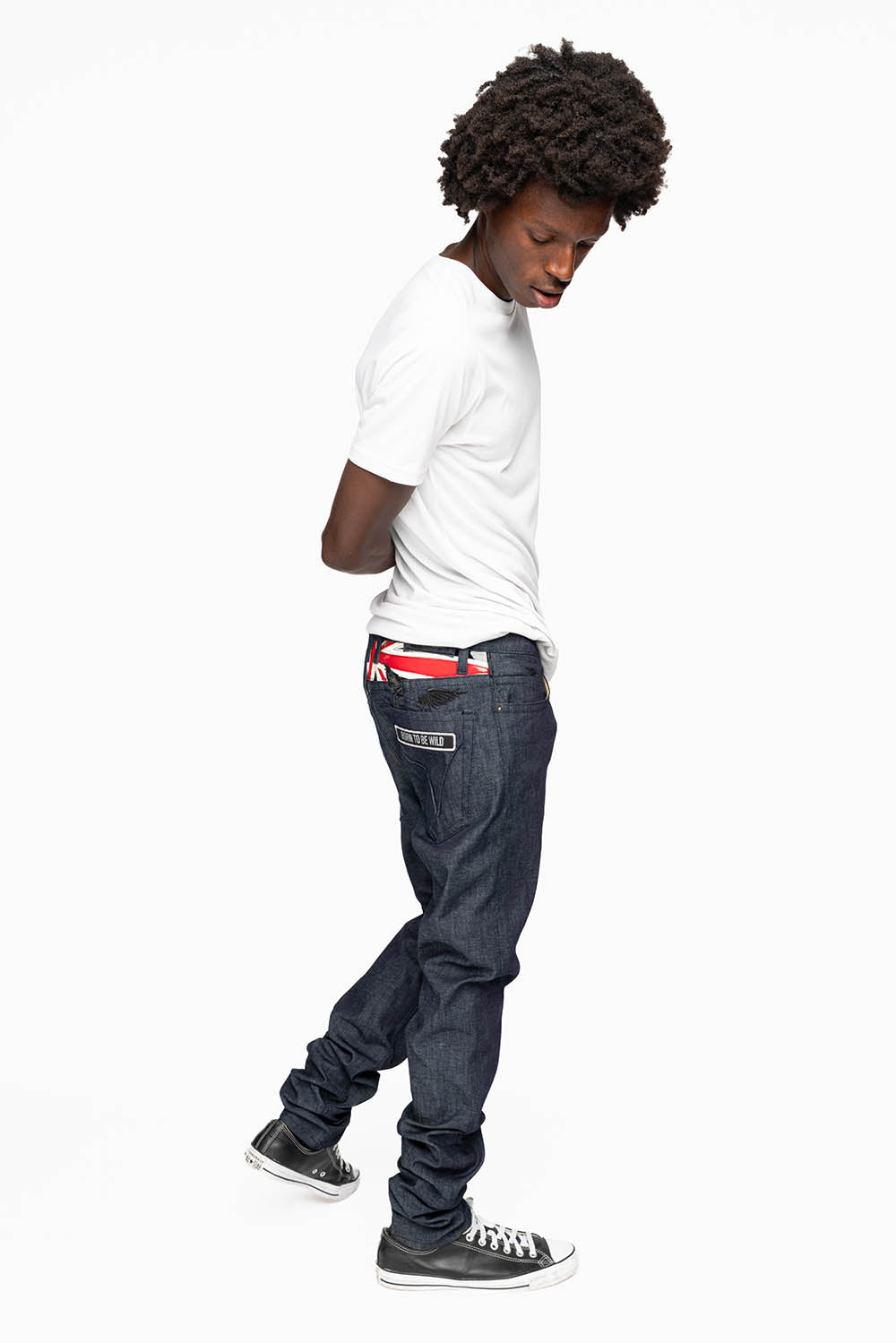 ROBIN’S BRITISH ROCK SLIM JEANS IN RAW DENIM EMBROIDERED ROBIN”S WING LOGO WITH ZIPPERS