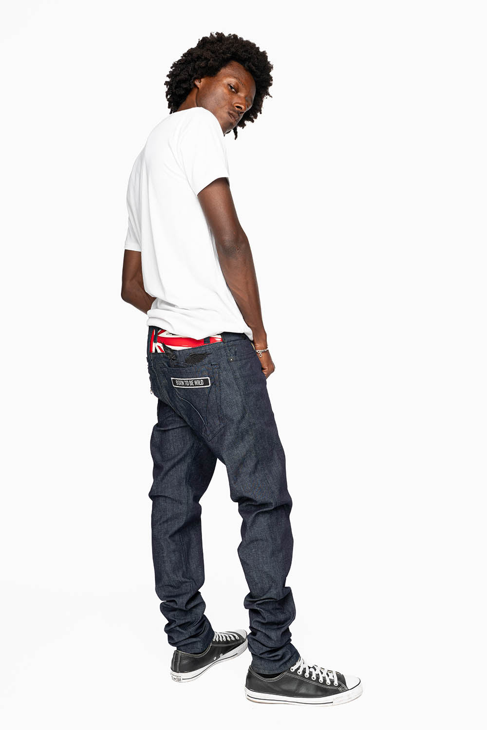 ROBIN’S BRITISH ROCK SLIM JEANS IN RAW DENIM EMBROIDERED ROBIN”S WING LOGO WITH ZIPPERS