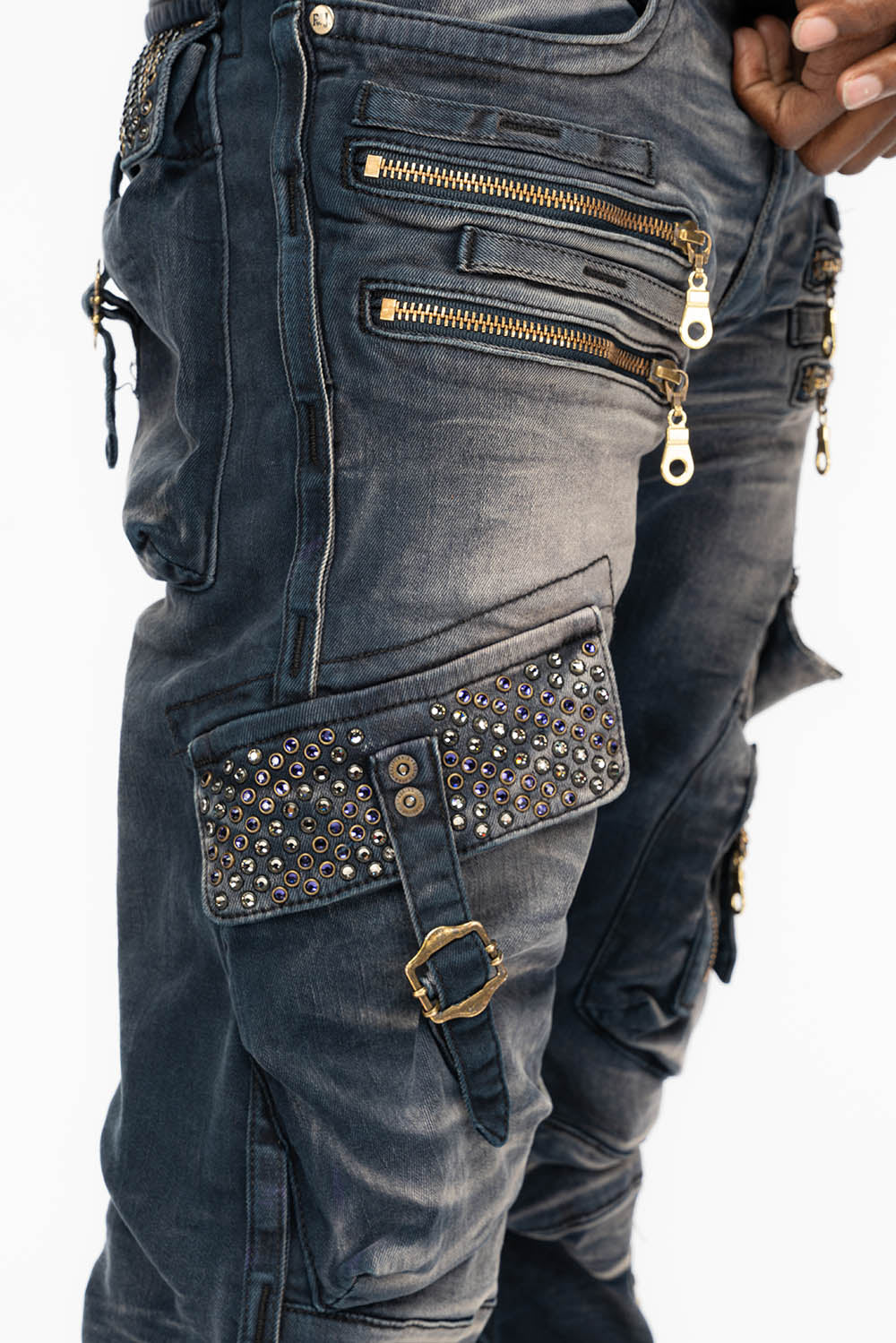 RAPTOR MILITARY STYLE CARGO JEAN IN ANTIQUE PURPLE WASH WITH CRYSTALS