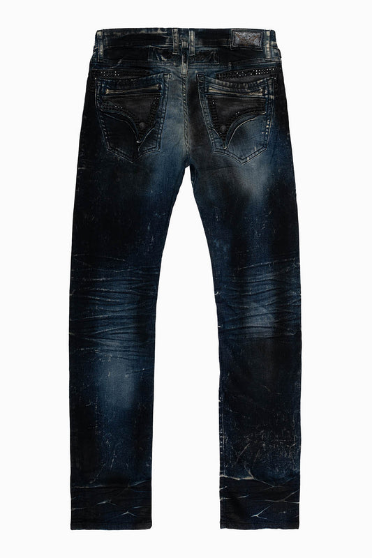 MENS  FLAP POCKET SLIM JEANS IN  DARK BLUE 5D SEMI COATING WASH WITH CRYSTALS