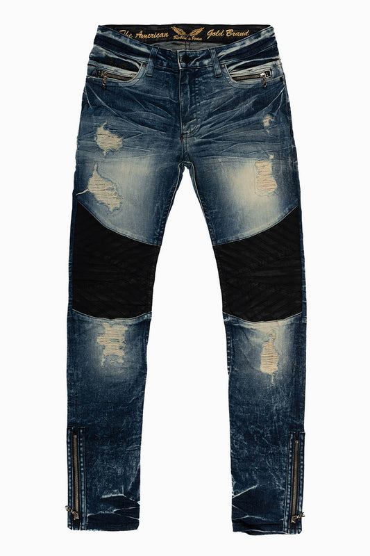 BIKER JEAN QUILTED KNEE WITH ZIPPERS IN 5D DARK BROKEN BACKING WASH