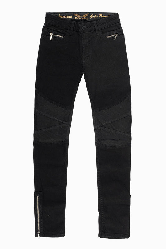 BIKER JEAN QUILTED KNEE WITH ZIPPERS IN PURE BLK WASH