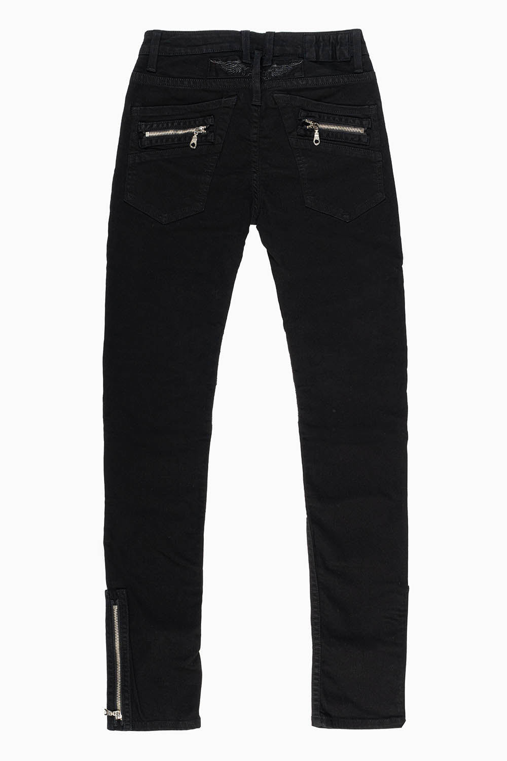 BIKER JEAN QUILTED KNEE WITH ZIPPERS IN PURE BLK WASH