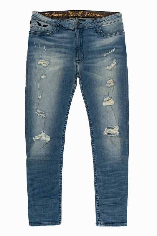 MENS SKINNY JEANS IN ELROY MEDIUM  BROKEN WASH WITH BLK WING EMBROIDERY
