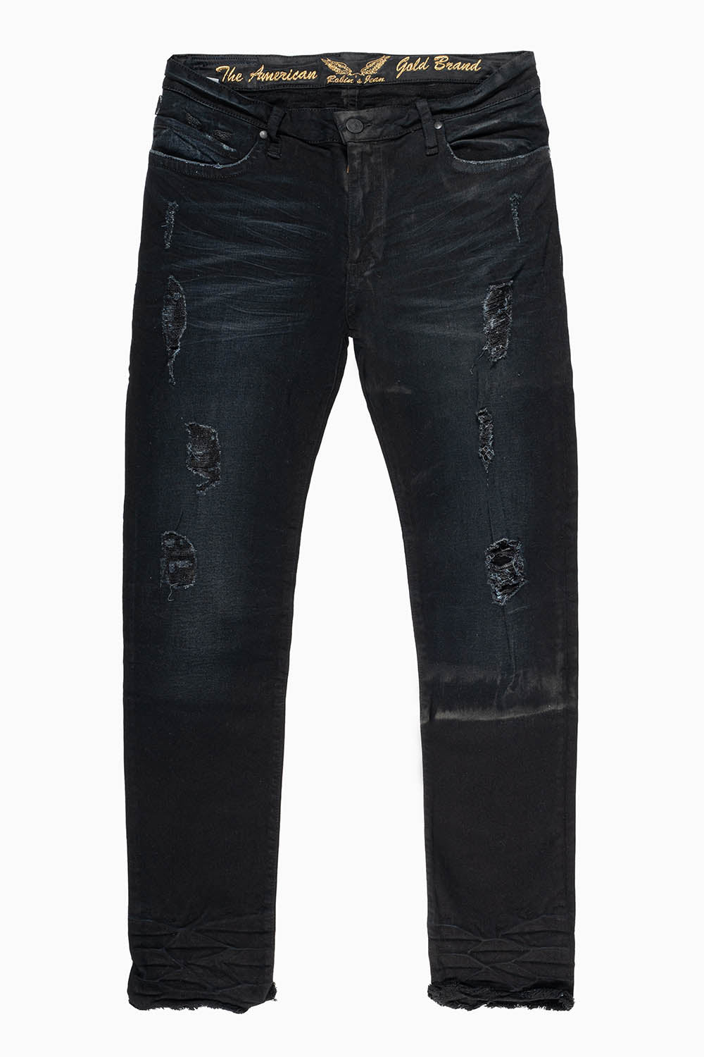 LONG FLAP MENS SKINNY JEANS IN FU-P BLACK BROKEN WASH WITH CRYSTALS AND STUDS