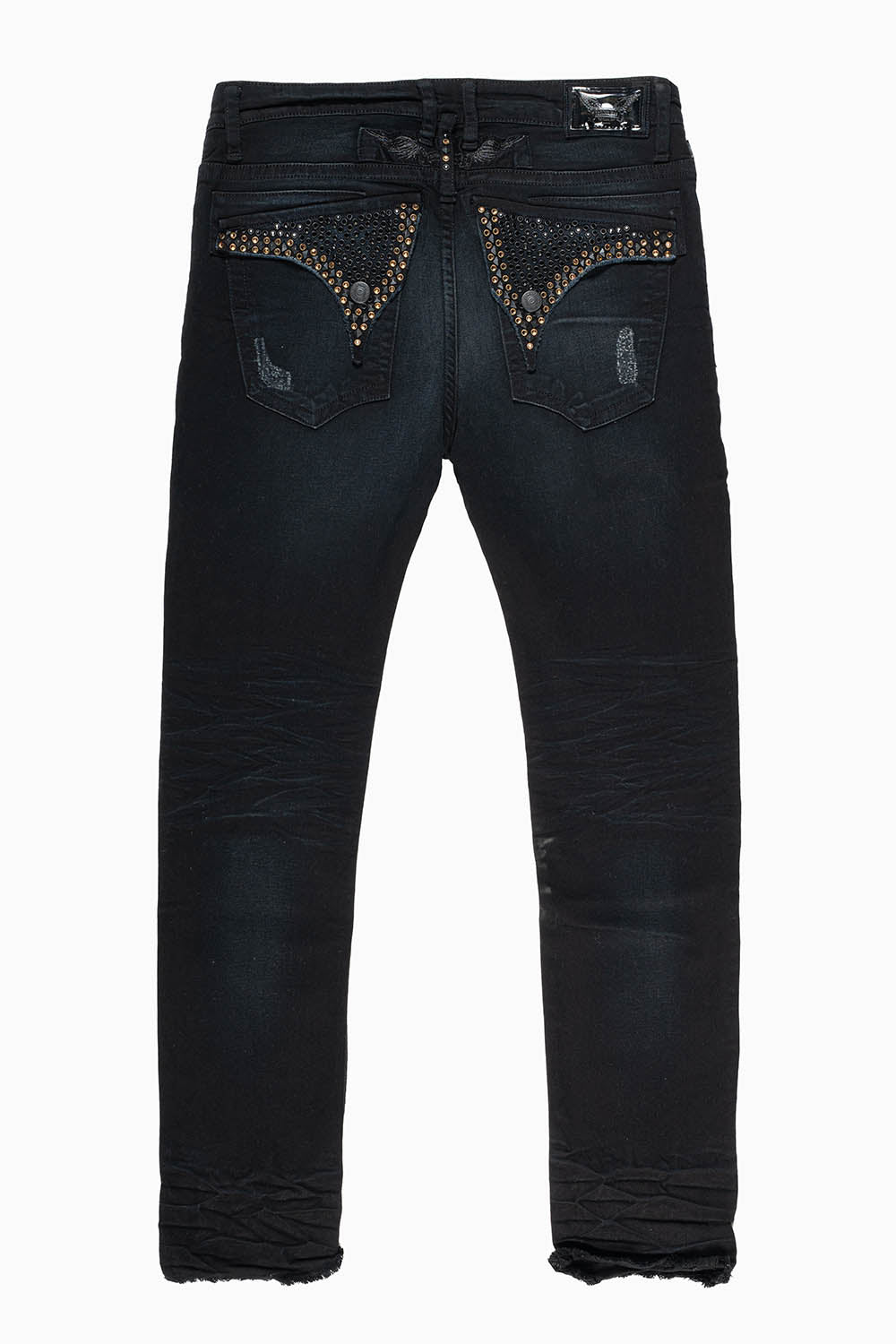 LONG FLAP MENS SKINNY JEANS IN FU-P BLACK BROKEN WASH WITH CRYSTALS AND STUDS