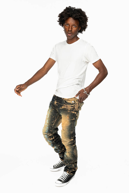 MOTO BIKER MEN'S SLIM STRAIGHT LEG JEANS IN 4D DARK PERU