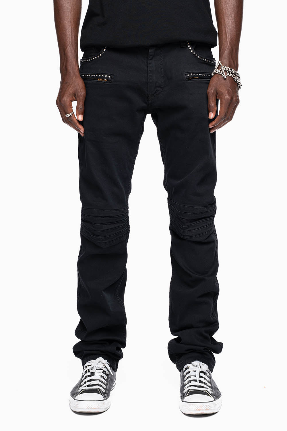 MOTO BIKER MEN'S SLIM STRAIGHT LEG JEANS IN PURE BLK EMBELLISHED WITH CRYSTALS
