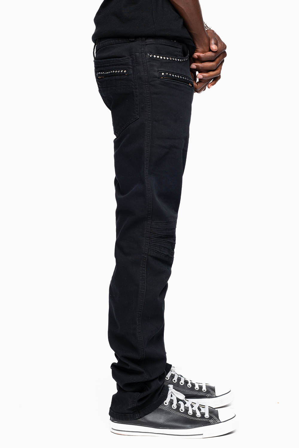 MOTO BIKER MEN'S SLIM STRAIGHT LEG JEANS IN PURE BLK EMBELLISHED WITH CRYSTALS