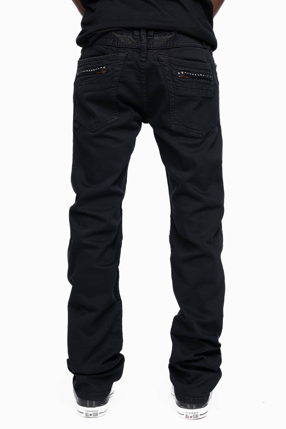 MOTO BIKER MEN'S SLIM STRAIGHT LEG JEANS IN PURE BLK EMBELLISHED WITH CRYSTALS