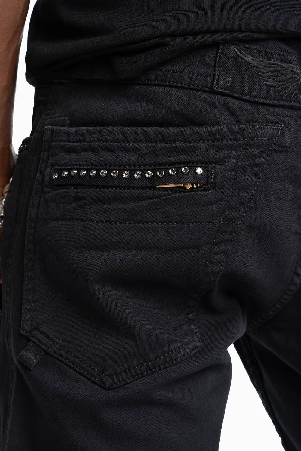 MOTO BIKER MEN'S SLIM STRAIGHT LEG JEANS IN PURE BLK EMBELLISHED WITH CRYSTALS