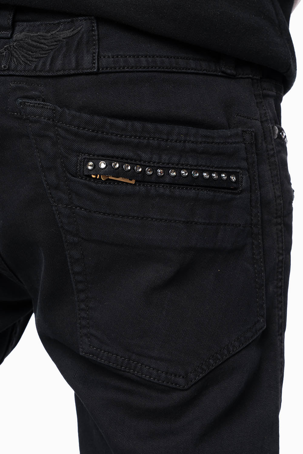 MOTO BIKER MEN'S SLIM STRAIGHT LEG JEANS IN PURE BLK EMBELLISHED WITH CRYSTALS