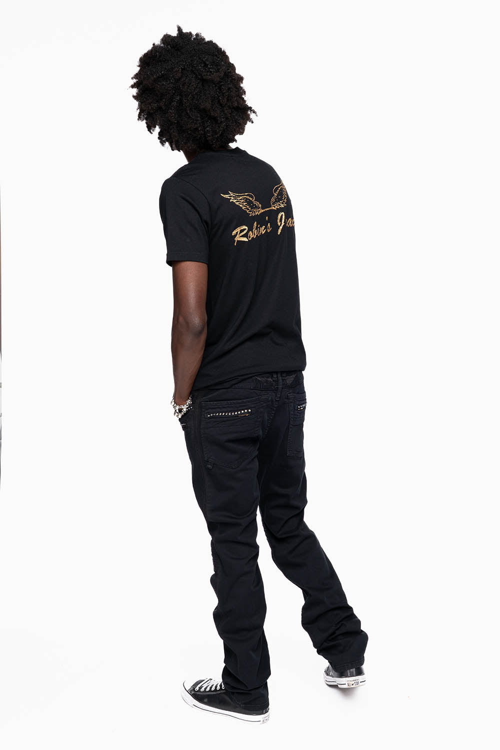 MOTO BIKER MEN'S SLIM STRAIGHT LEG JEANS IN PURE BLK EMBELLISHED WITH CRYSTALS