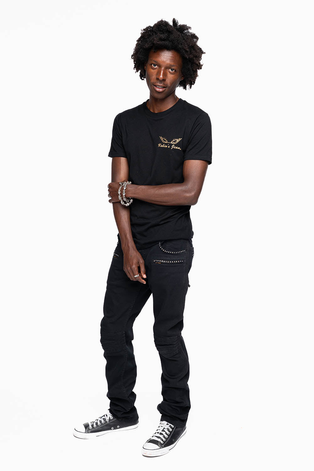 MOTO BIKER MEN'S SLIM STRAIGHT LEG JEANS IN PURE BLK EMBELLISHED WITH CRYSTALS