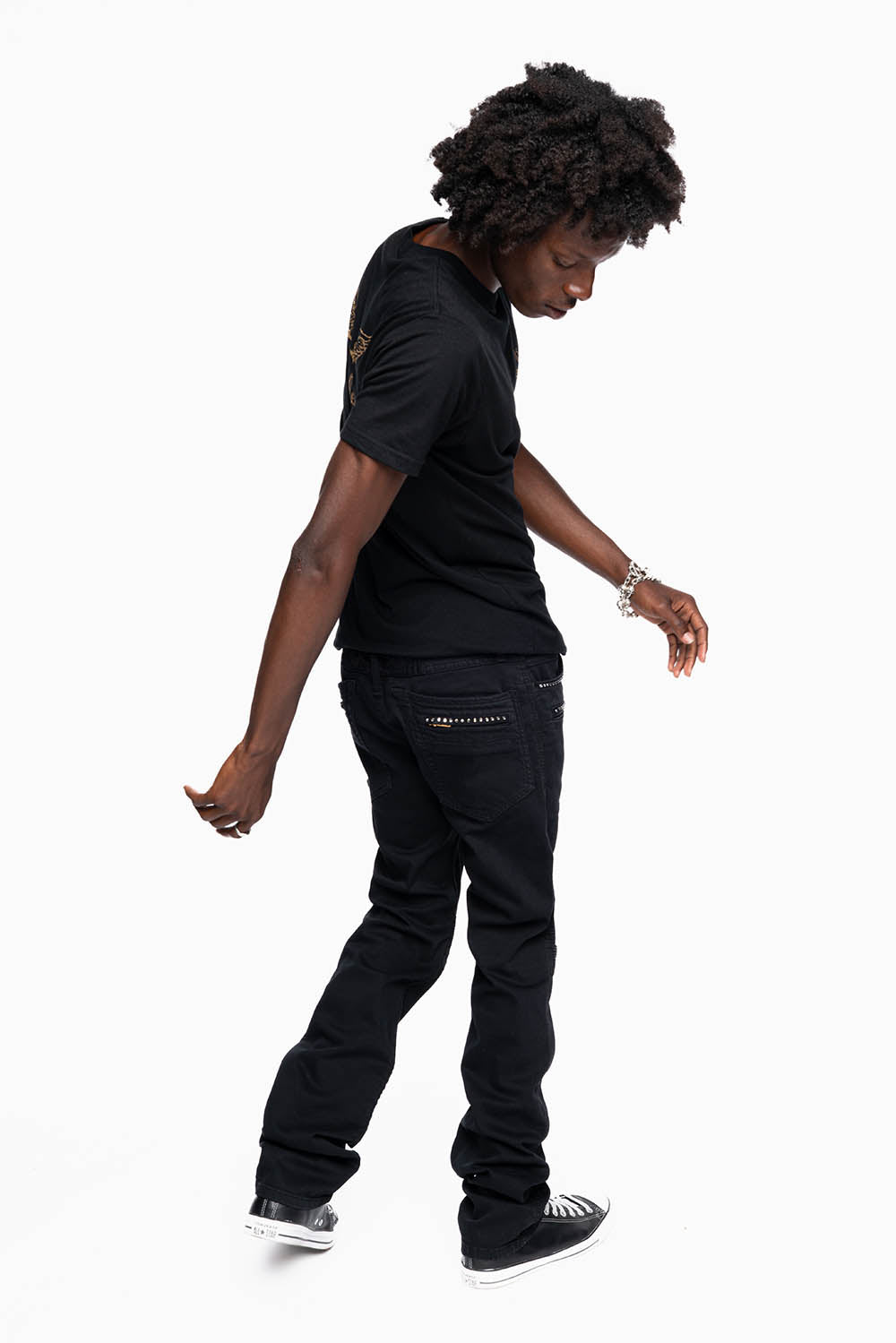 MOTO BIKER MEN'S SLIM STRAIGHT LEG JEANS IN PURE BLK EMBELLISHED WITH CRYSTALS