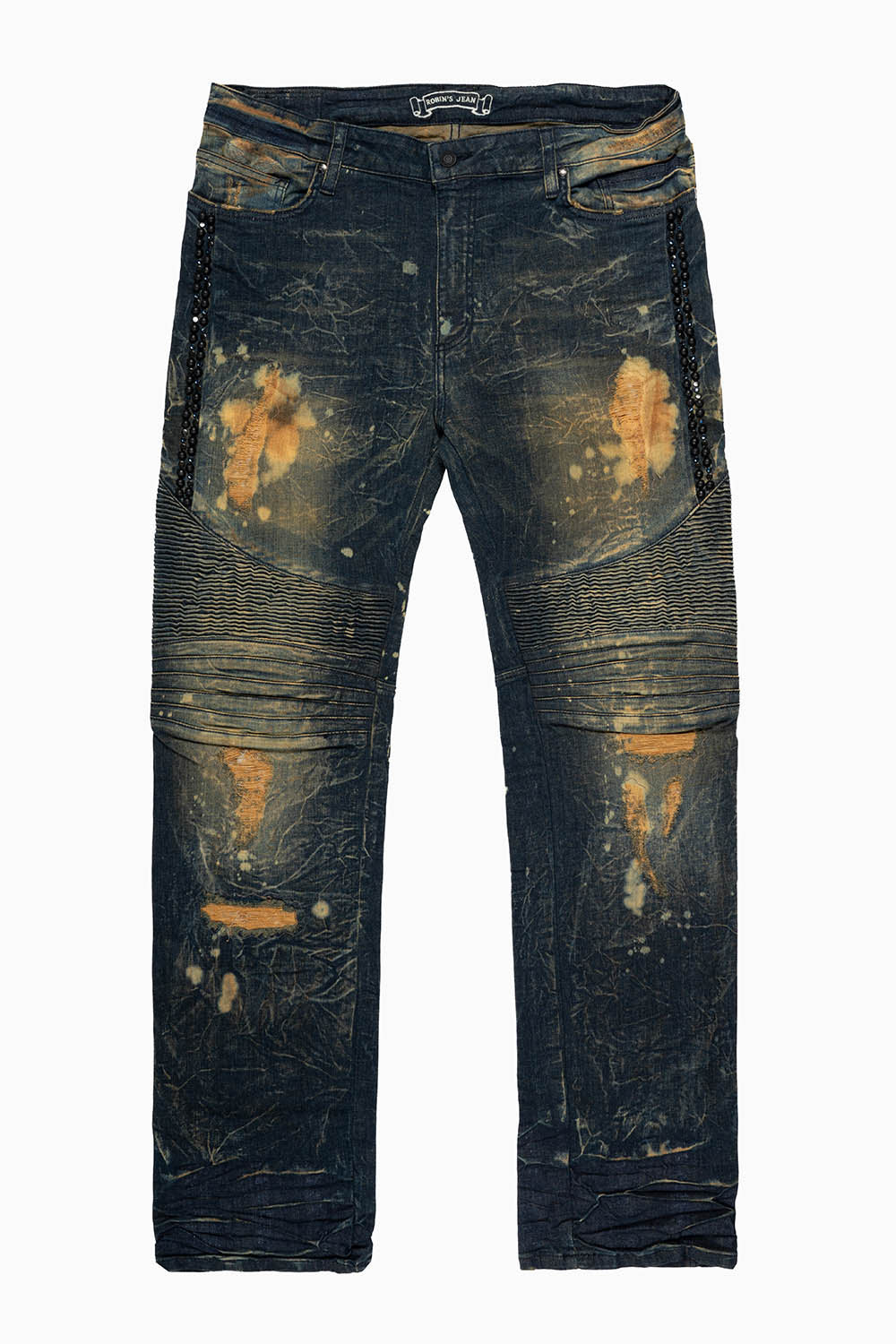 MENS BIKER JEANS WITH FLAP IN LAS VEGAS WASH WITH CRYSTALS & STUDS