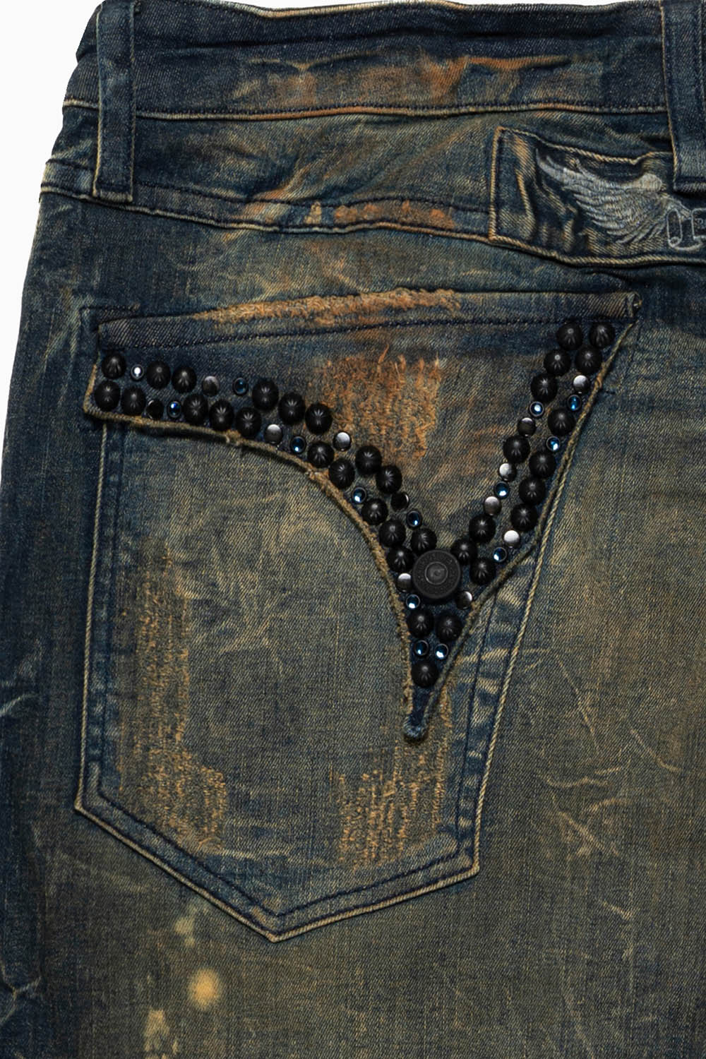 MENS BIKER JEANS WITH FLAP IN LAS VEGAS WASH WITH CRYSTALS & STUDS