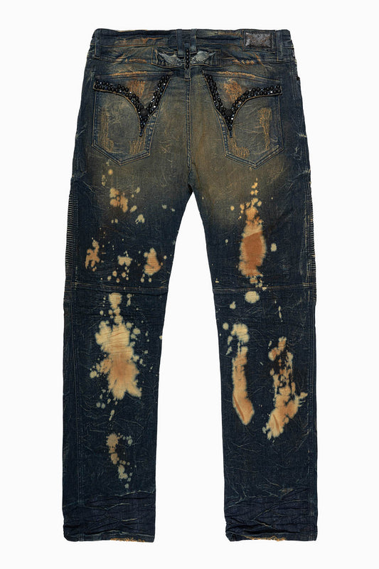 MENS BIKER JEANS WITH FLAP IN LAS VEGAS WASH WITH CRYSTALS & STUDS