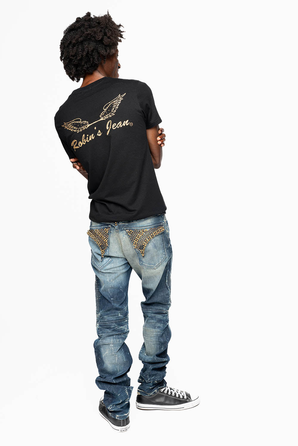 MENS BIKER JEANS WITH FLAP IN 4D DARK WASH WITH CRYSTALS & STUDS