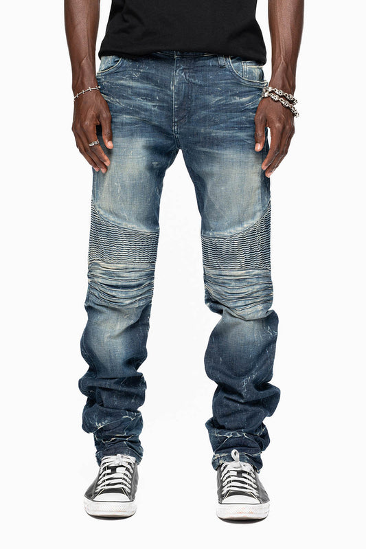 MENS BIKER JEANS WITH FLAP IN 4D DARK WASH WITH CRYSTALS & STUDS