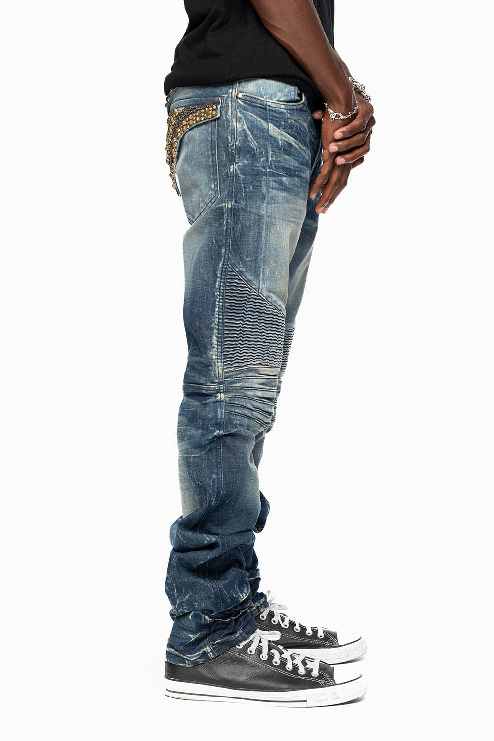 MENS BIKER JEANS WITH FLAP IN 4D DARK WASH WITH CRYSTALS & STUDS