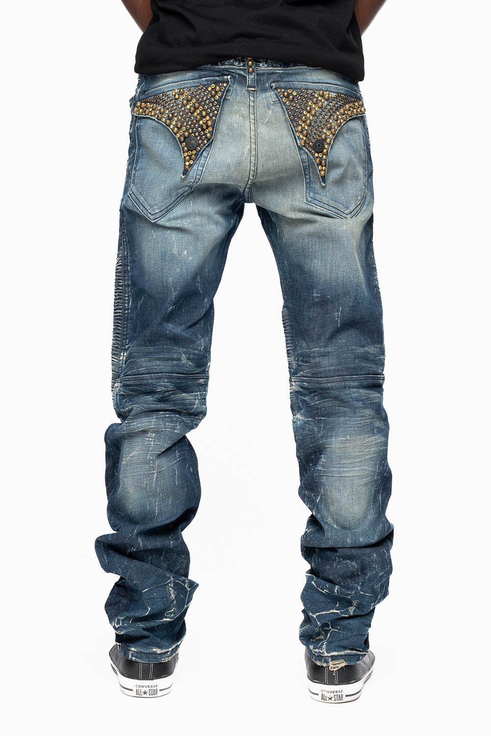 MENS BIKER JEANS WITH FLAP IN 4D DARK WASH WITH CRYSTALS & STUDS
