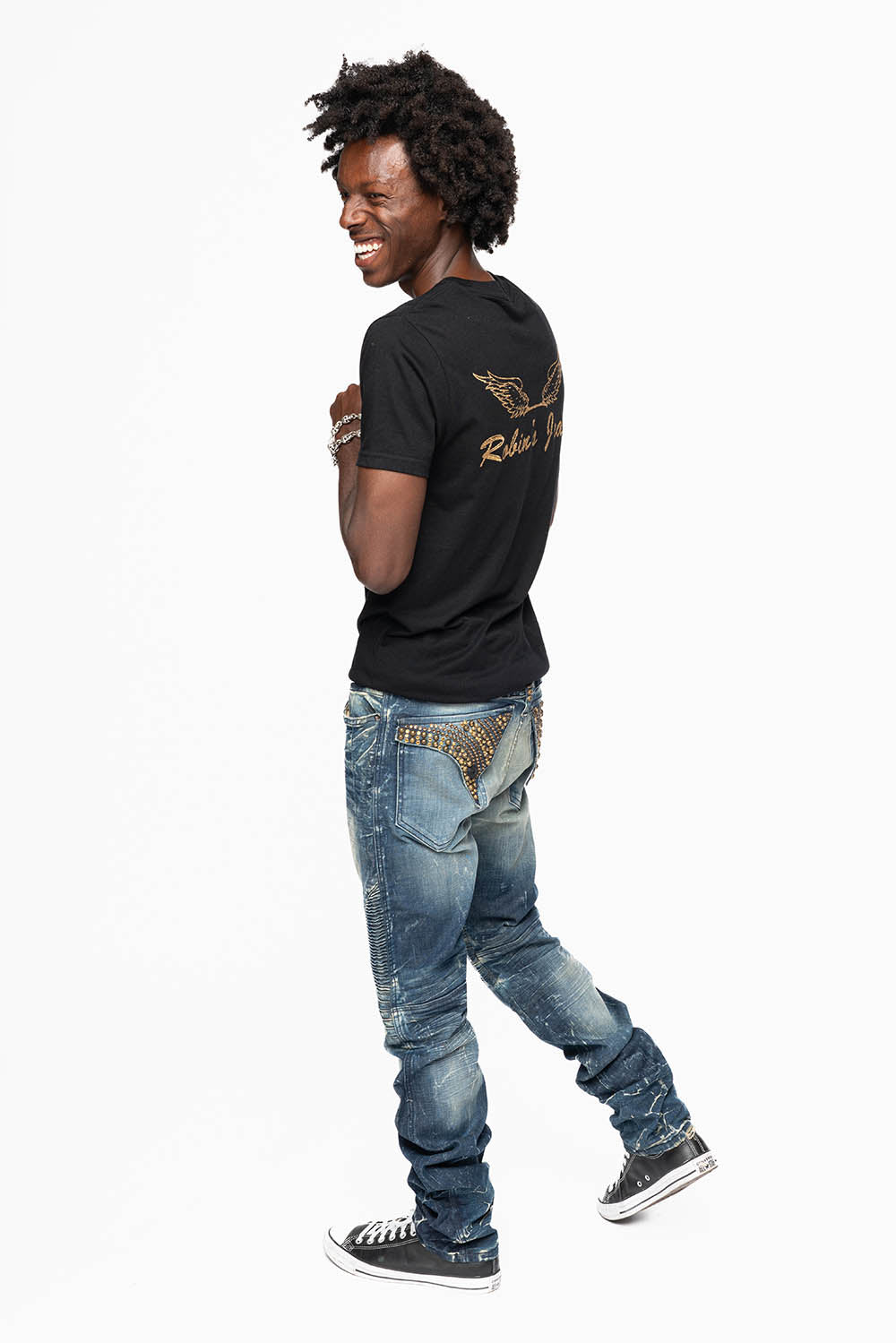 MENS BIKER JEANS WITH FLAP IN 4D DARK WASH WITH CRYSTALS & STUDS