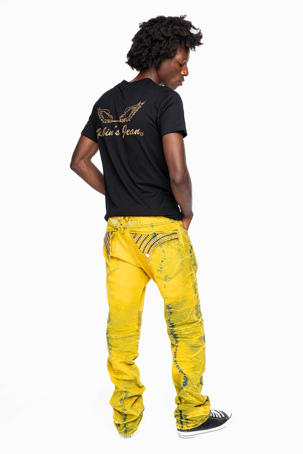 MENS BIKER JEANS WITH FLAP IN 4D LIGHT CITRIC WASH WITH CRYSTALS