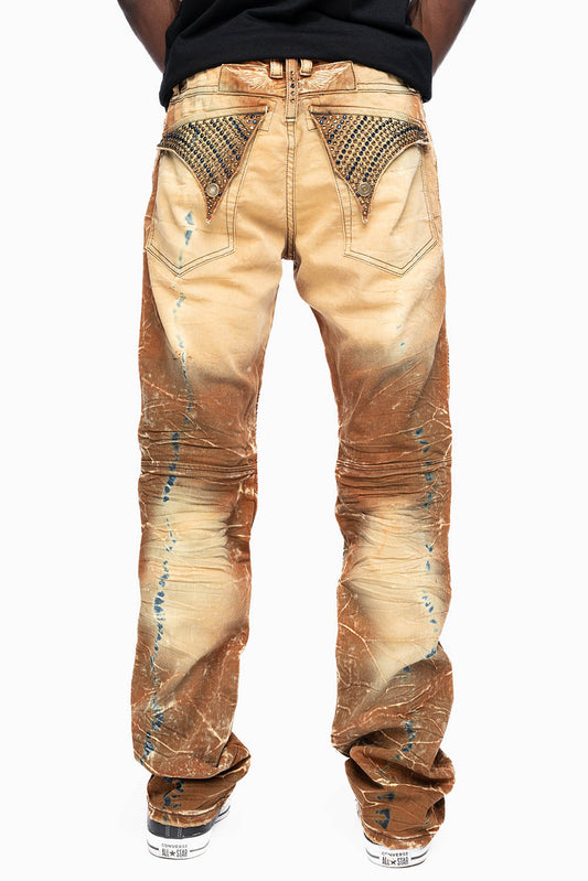 MENS BIKER JEANS WITH FLAP IN 4D LIGHT PERU WASH WITH CRYSTALS