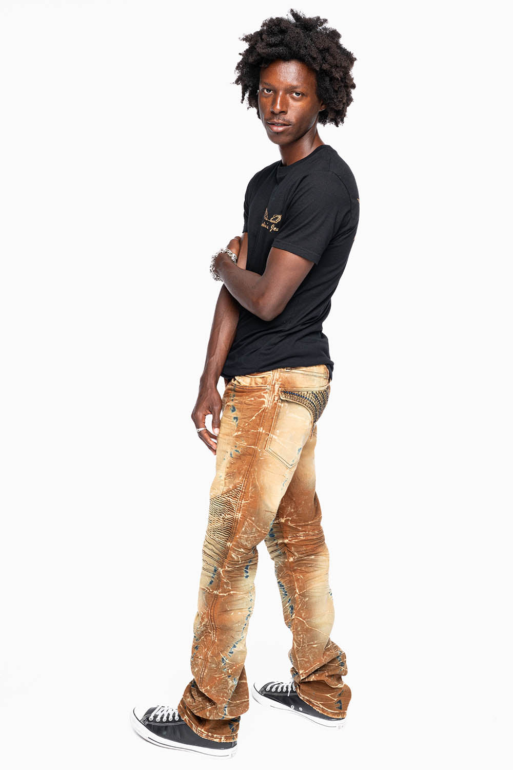 MENS BIKER JEANS WITH FLAP IN 4D LIGHT PERU WASH WITH CRYSTALS