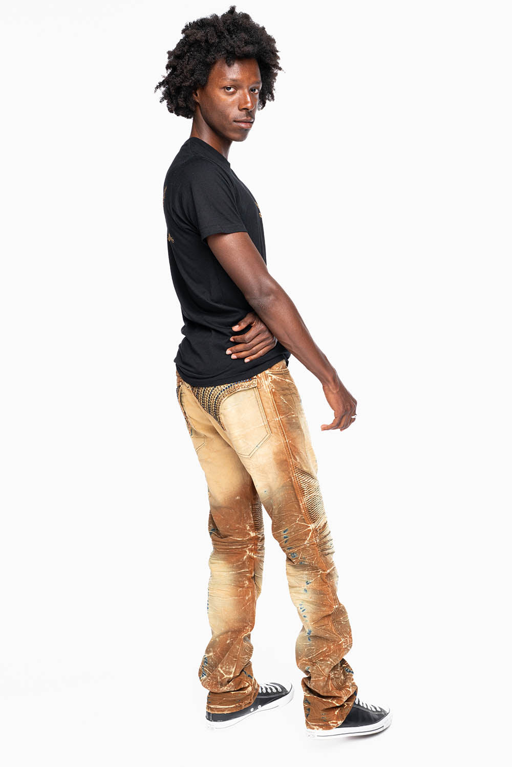 MENS BIKER JEANS WITH FLAP IN 4D LIGHT PERU WASH WITH CRYSTALS