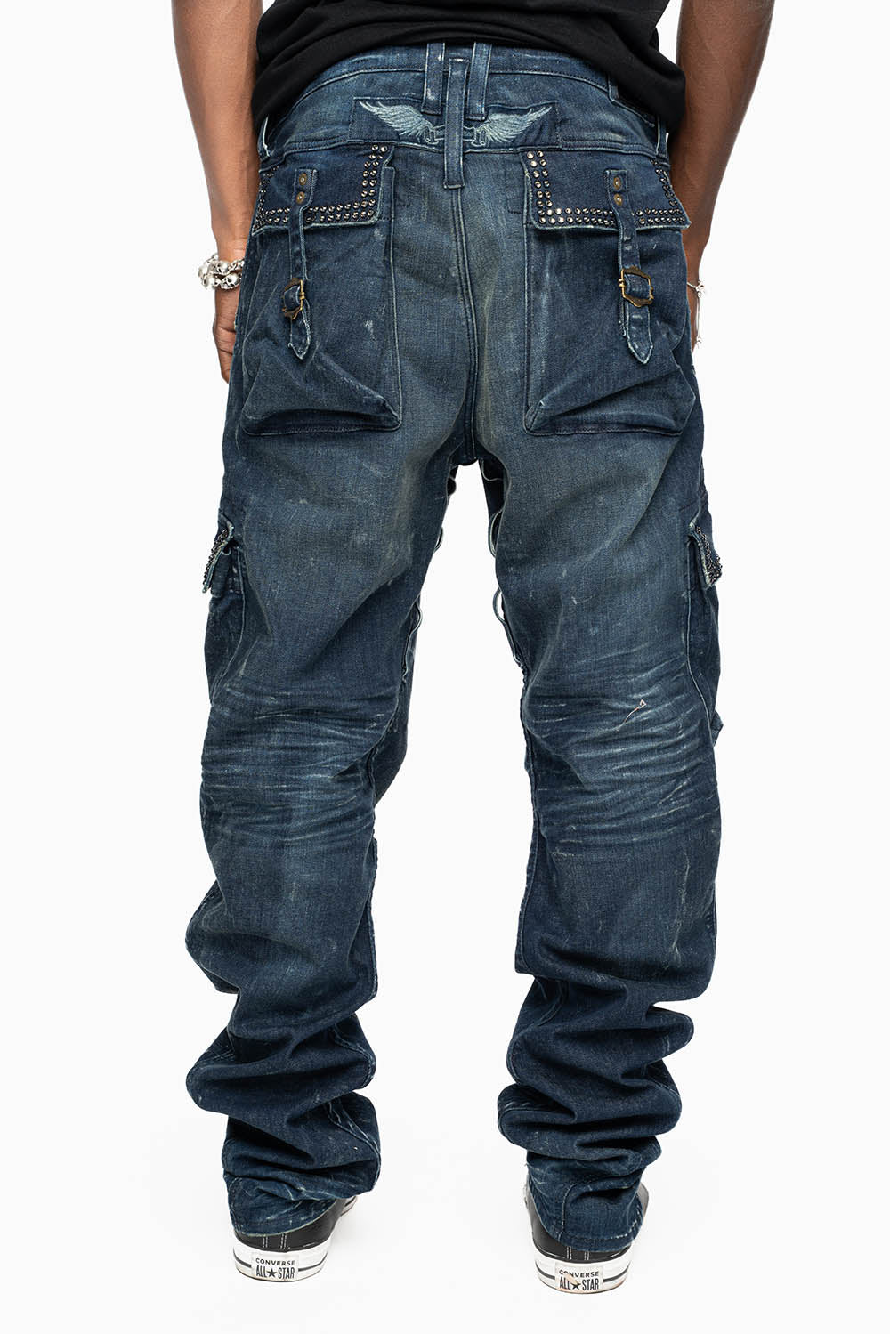 CLASSIC PREDATOR CARGO JEAN IN ALBANY DARK WASH EMBELLISHED WITH  CRYSTALS