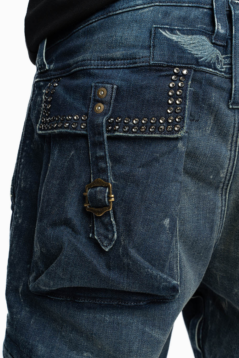 CLASSIC PREDATOR CARGO JEAN IN ALBANY DARK WASH EMBELLISHED WITH  CRYSTALS