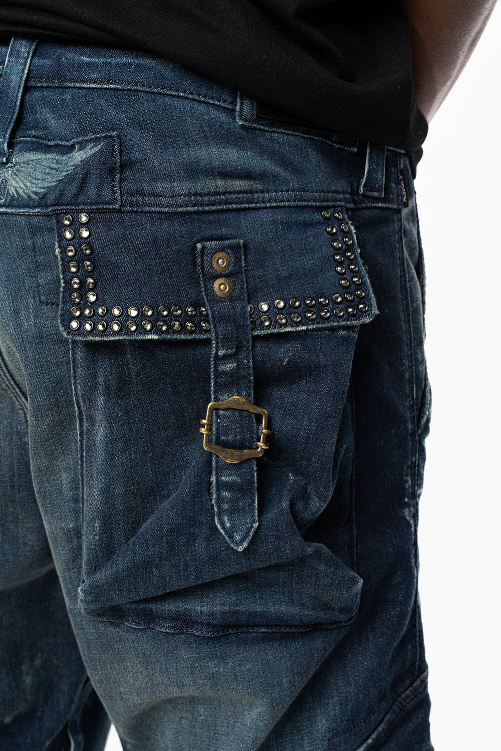 CLASSIC PREDATOR CARGO JEAN IN ALBANY DARK WASH EMBELLISHED WITH  CRYSTALS