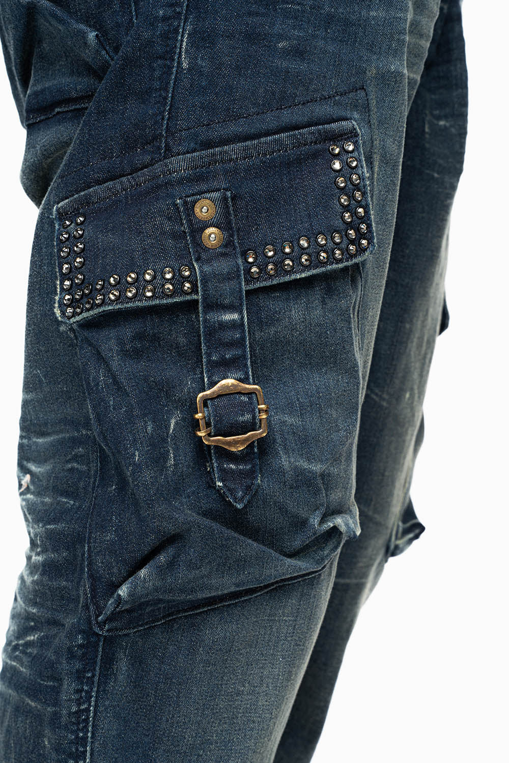 CLASSIC PREDATOR CARGO JEAN IN ALBANY DARK WASH EMBELLISHED WITH  CRYSTALS