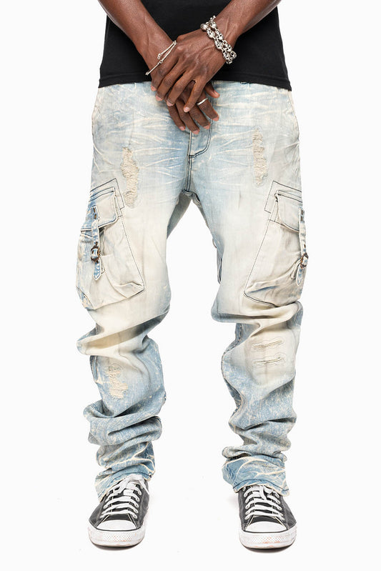 CLASSIC PREDATOR CARGO JEAN IN MINERAL LIGHT WASH WITH  REPAIRED BROKEN BACKING