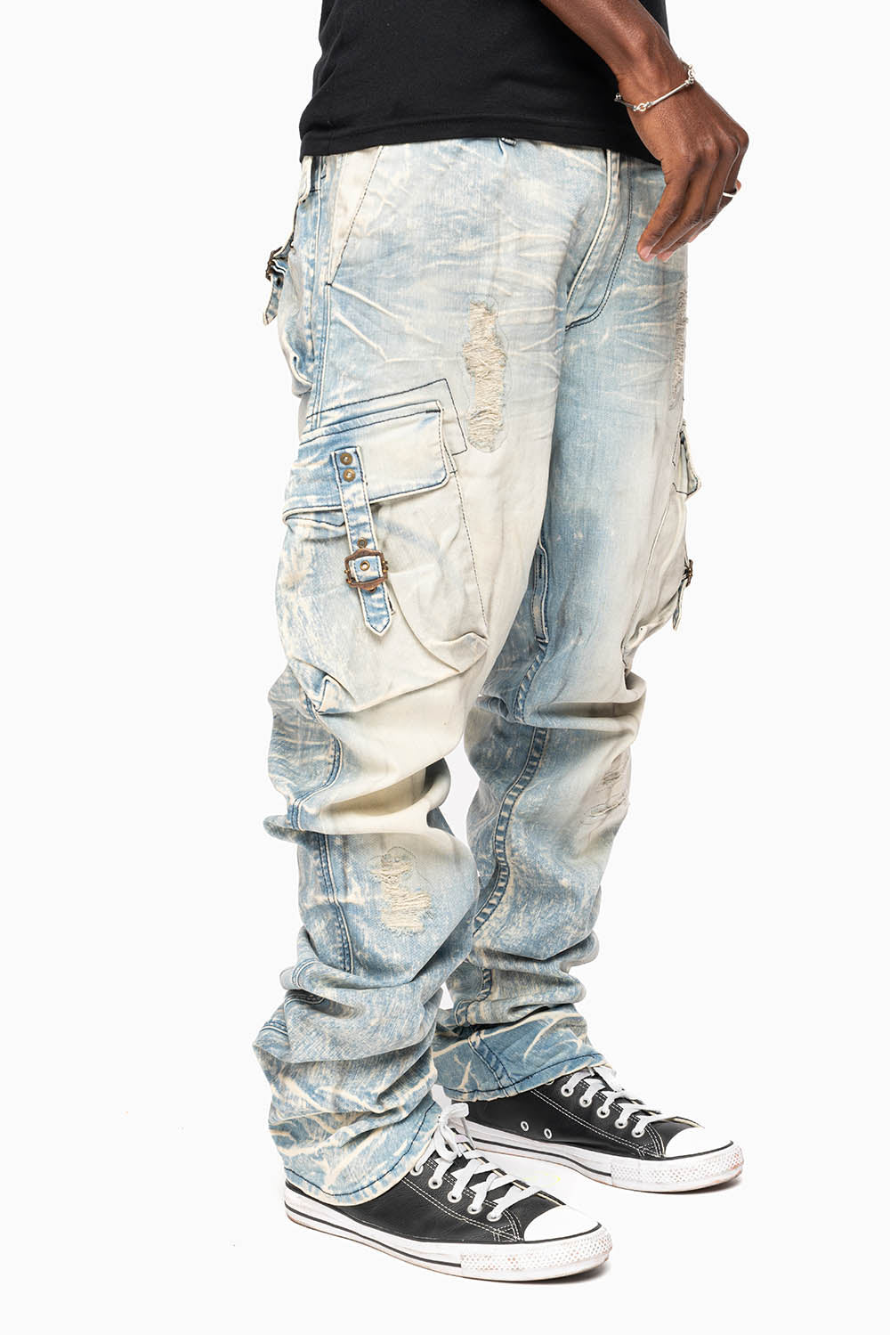 CLASSIC PREDATOR CARGO JEAN IN MINERAL LIGHT WASH WITH  REPAIRED BROKEN BACKING