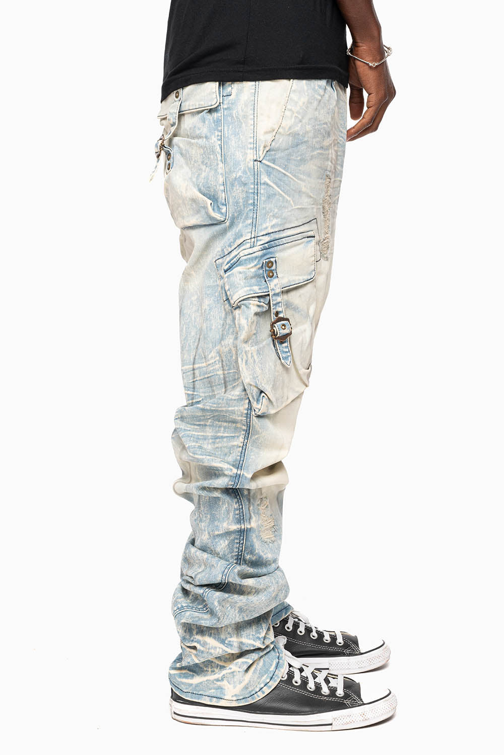 CLASSIC PREDATOR CARGO JEAN IN MINERAL LIGHT WASH WITH  REPAIRED BROKEN BACKING