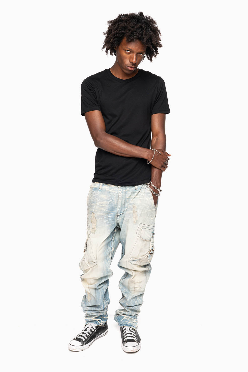 CLASSIC PREDATOR CARGO JEAN IN MINERAL LIGHT WASH WITH  REPAIRED BROKEN BACKING