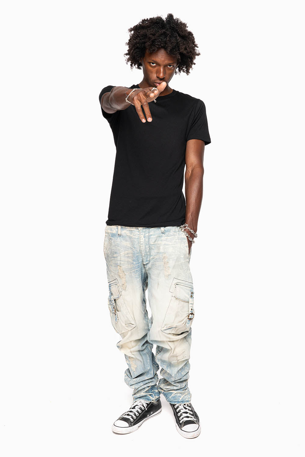 CLASSIC PREDATOR CARGO JEAN IN MINERAL LIGHT WASH WITH  REPAIRED BROKEN BACKING