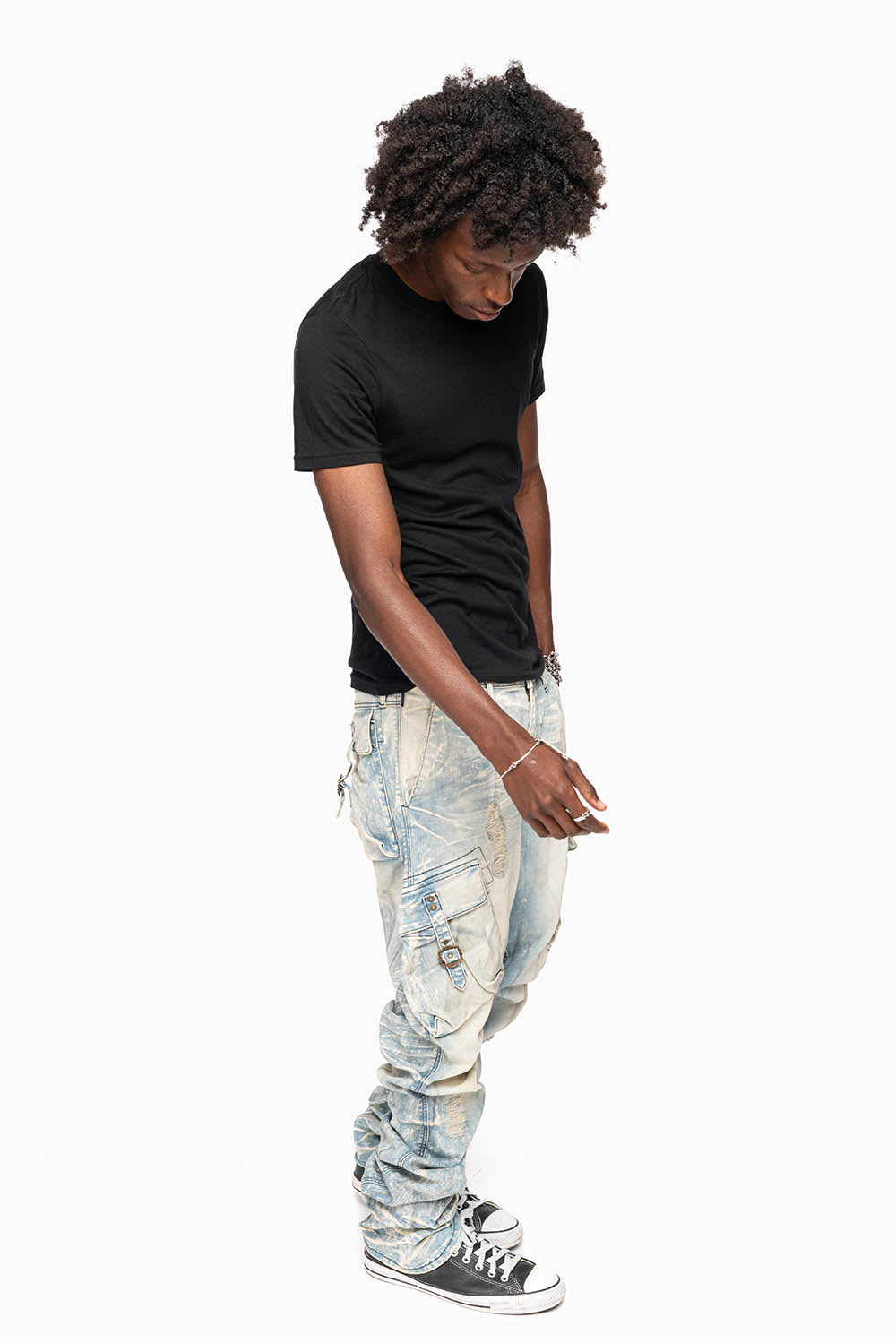 CLASSIC PREDATOR CARGO JEAN IN MINERAL LIGHT WASH WITH  REPAIRED BROKEN BACKING
