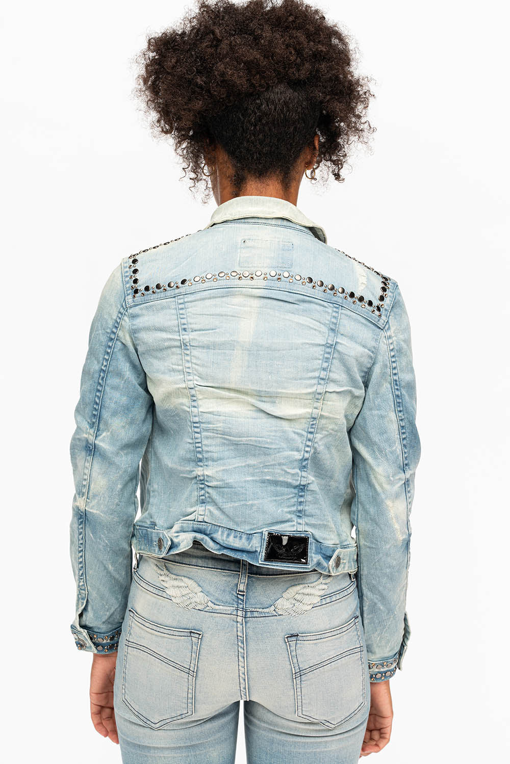 ROBIN'S JEAN DENIM JACKET IN 5D LIGHT BROKEN WASH WITH NICKEL STUDS AND CRYSTALS