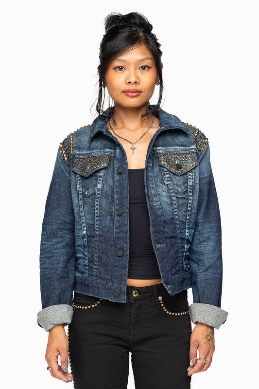 ROBIN'S JEAN DENIM JACKET IN LIBERTY DARK WASH WITH GOLD STUDS AND CRYSTALS