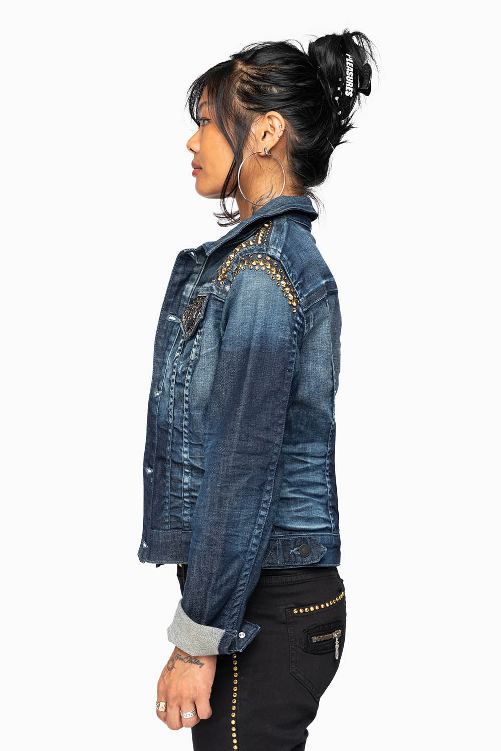 ROBIN'S JEAN DENIM JACKET IN LIBERTY DARK WASH WITH GOLD STUDS AND CRYSTALS
